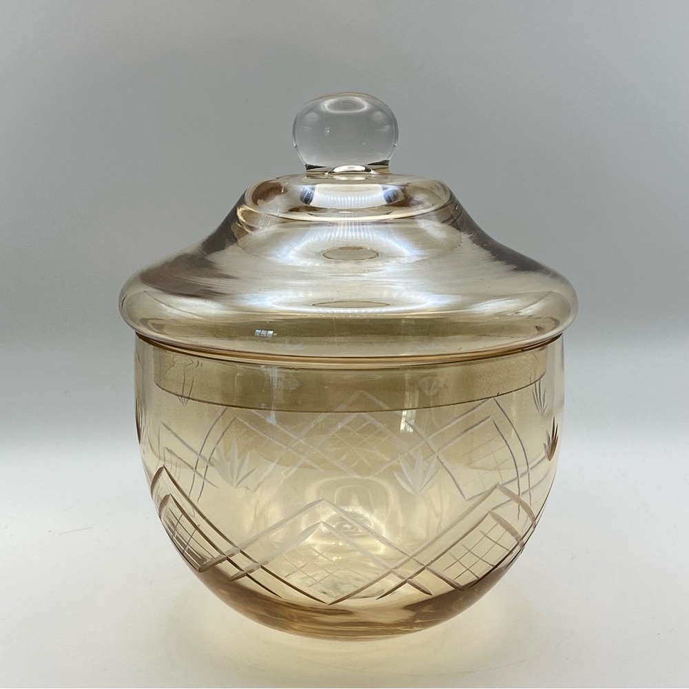 Vintage 1970’s Amber Etched Glass Lidded Candy Jar Apothecary Vanity MCM Boho